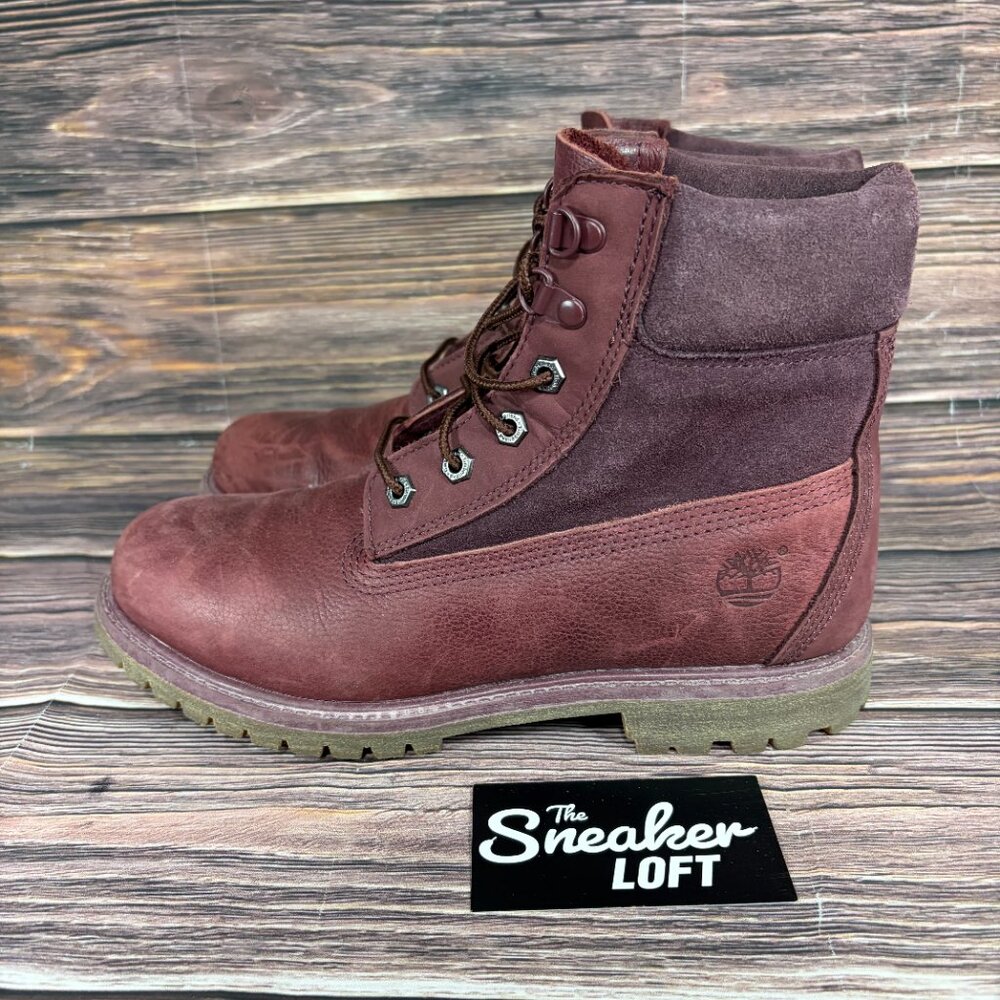 Timberland Women's 6 Inch Premium D Ring Burgundy Leather Suede Boots Size 9 - Picture 3 of 8